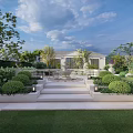 Luxurious Villa Courtyard Garden With Fountain Pool Paved Paths And Lush Greenery