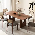 Modern Solid Wood Dining Table Set With Six Rattan Backrest Chairs And Decorative Plant Lamp Rug