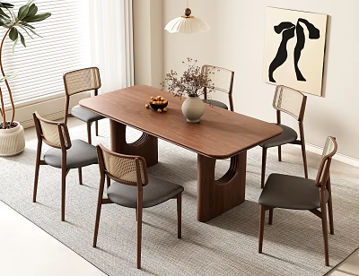 Modern Solid Wood Dining Table Set With Six Rattan Backrest Chairs And Decorative Plant Lamp Rug 3d model