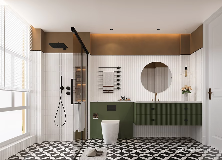 Elegant Modern Bathroom Interior Design With Round Mirror Green Cabinets And Black White Floor Tiles 3d model 
