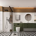 Elegant Modern Bathroom Interior Design With Round Mirror Green Cabinets And Black White Floor Tiles