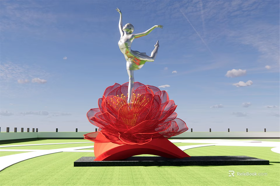 Silver Ballerina Standing on One Foot Sculpture on Large Red Lotus Flower 3d model 