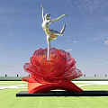 Silver Ballerina Standing on One Foot Sculpture on Large Red Lotus Flower