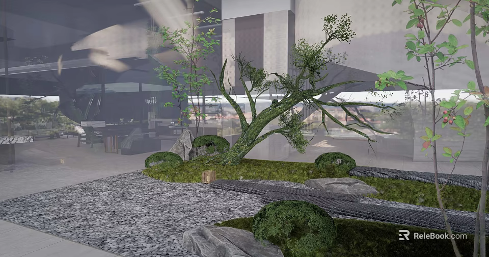 Modern Garden Decor With Curved Trees Trimmed Shrubs Stone Paths Gravel And Mossy Areas 3d model 