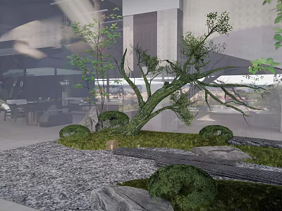 Modern Garden Decor With Curved Trees Trimmed Shrubs Stone Paths Gravel And Mossy Areas 3d model