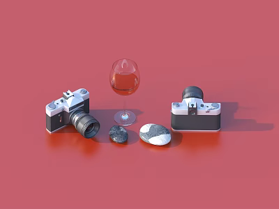 Decorative Ornament Set With Two Camera Models Wine Glass And Stones On Red Background 3d model