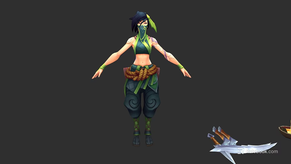 Game Movie Female Character In Green Outfit Headscarf Rope Belt Throwing Darts And Sword 3d model 