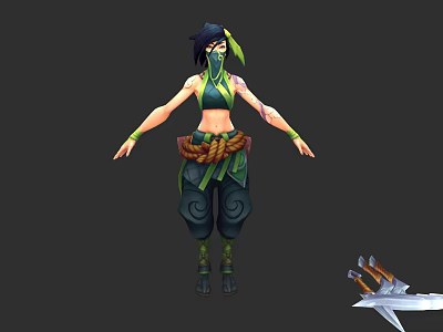 Game Movie Female Character In Green Outfit Headscarf Rope Belt Throwing Darts And Sword 3d model
