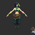 Game Movie Female Character In Green Outfit Headscarf Rope Belt Throwing Darts And Sword