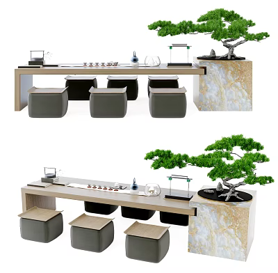 Modern Tea Table and Chairs Set With Marble Top Upholstered Stools and Bonsai Tree Decor 3d model