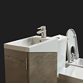 Modern Toilet with Wooden Cabinet Sink and Bidet in Bathroom Setup