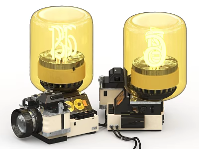 Two Retro Camera Design Digital LED Lamps with Transparent Yellow Lampshade and Glowing Filament 3d model