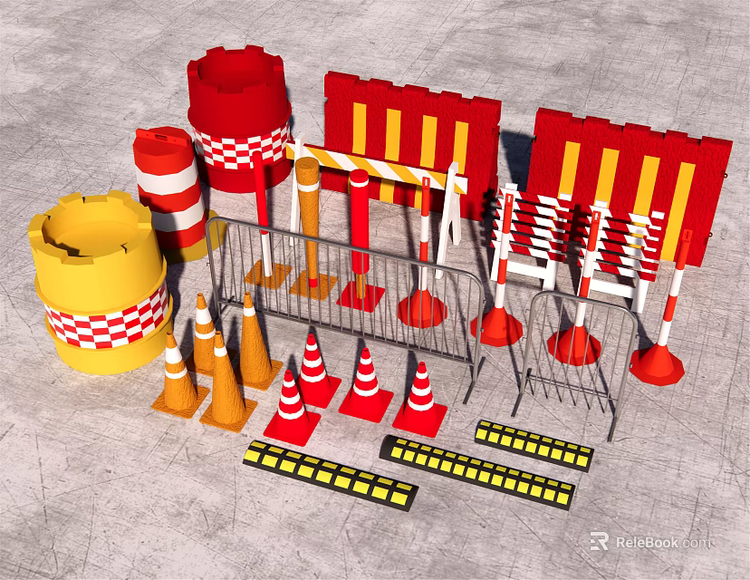 Road Construction Safety Devices with Orange Cones Red Yellow Barriers Reflective Strips and Posts 3d model 