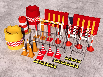 Road Construction Safety Devices with Orange Cones Red Yellow Barriers Reflective Strips and Posts 3d model
