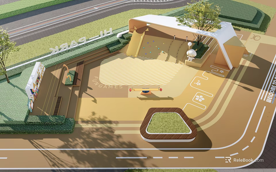 Scenic Park Landscape with Playground Benches Trees Lawn and Curved Paths 3d model 