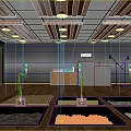 School Classroom With Wooden Ceiling Lighting Dark Walls Whiteboard Screens Audio Equipment And Lab Stations