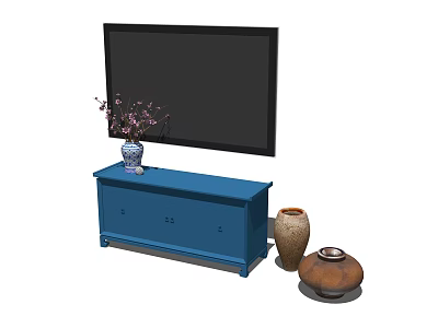 Blue TV Stand With Vase And Flowers Plus Decorative Clay Pots 3d model