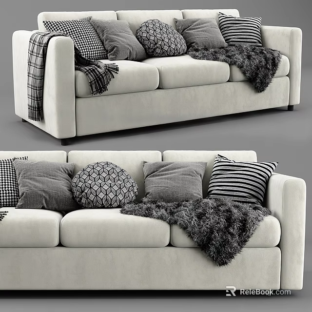 Cozy Light Colored Two Seater Sofa With Patterned Throw Pillows And Fur Blanket 3d model