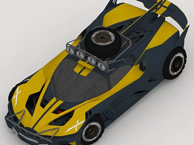 Sleek Yellow Black Racing Car Featuring Roof Spare Tire And Headlights 3d model