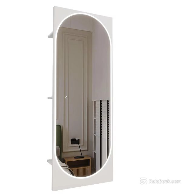 Oval Wall Mirror Reflects Bedroom With Bedside Lamp And Nightstand 3d model 