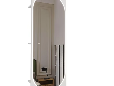 Oval Wall Mirror Reflects Bedroom With Bedside Lamp And Nightstand 3d model