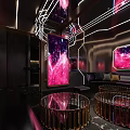 Modern KTV Lounge Interior With Neon Lights Plush Sofa Round Tables And LED Screens