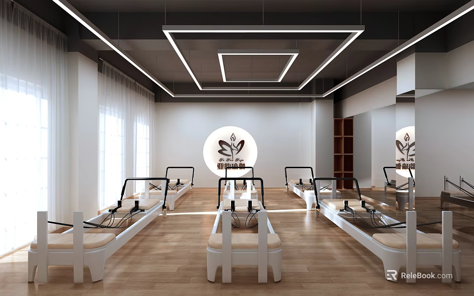 Bright Pilates Fitness Studio With Reformer Machines Wooden Floor And Mirror Walls 3d model 