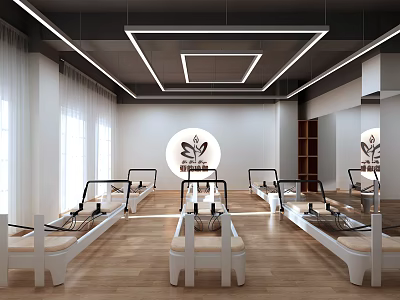 Bright Pilates Fitness Studio With Reformer Machines Wooden Floor And Mirror Walls 3d model