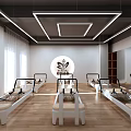 Bright Pilates Fitness Studio With Reformer Machines Wooden Floor And Mirror Walls