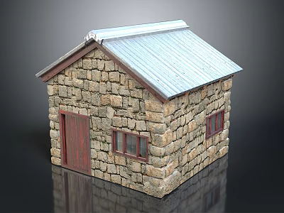 Rustic Small Stone Cottage With Metal Roof Red Door And Windows 3d model