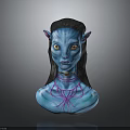 Fictional Alien Character With Blue Skin Pointed Ears Long Black Hair And Chest Patterns