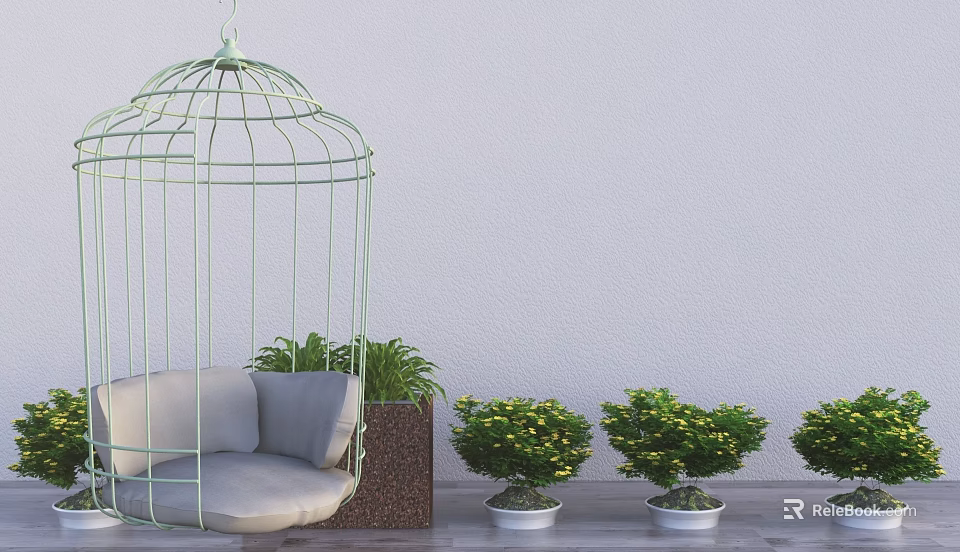 Bonsai Plants With Green Birdcage Decor Placed Along White Wall On Floor 3d model 