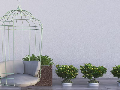 Bonsai Plants With Green Birdcage Decor Placed Along White Wall On Floor 3d model