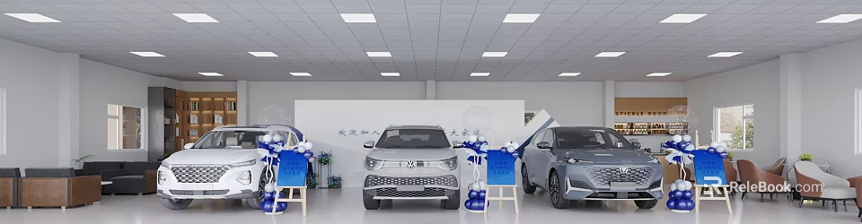 Modern Car Showroom Display With White Volkswagen EV Gray Car Blue Balloons And Decorations 3d model 