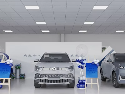 Modern Car Showroom Display With White Volkswagen EV Gray Car Blue Balloons And Decorations 3d model