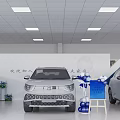 Modern Car Showroom Display With White Volkswagen EV Gray Car Blue Balloons And Decorations