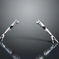 Two Silver Mechanical Arms Symmetrically Placed On Black Reflective Surface With Gray Background 3d model