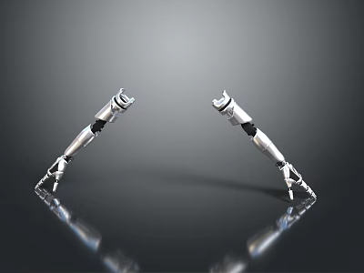 Two Silver Mechanical Arms Symmetrically Placed On Black Reflective Surface With Gray Background 3d model