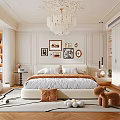 Cozy Bedroom Interior With Framed Artworks Chandelier Large Bed Striped Pillows And Stuffed Toys