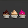 Three Colorful Cupcakes With Chocolate Beige Pink Frosting And Sprinkles On Shiny Surface