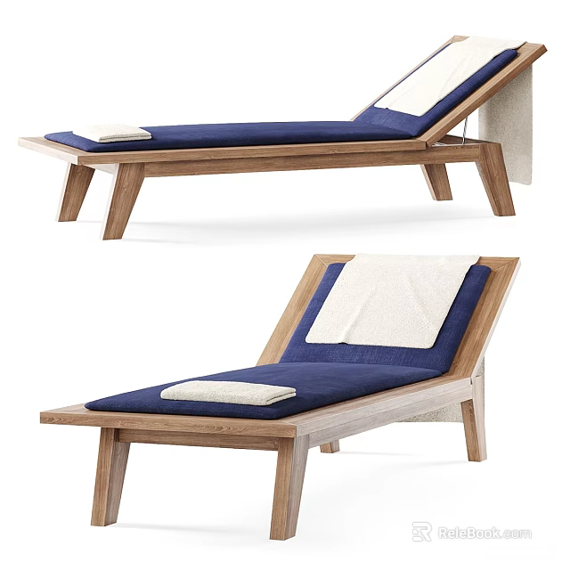 Outdoor Wooden Frame Lounge Chair with Blue Cushion and White Towel 3d model 
