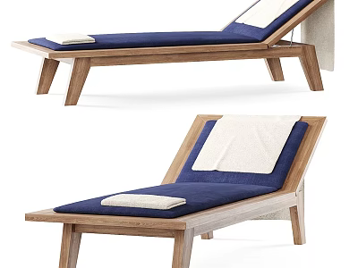 Outdoor Wooden Frame Lounge Chair with Blue Cushion and White Towel 3d model