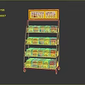 Retail Display Shelf With FAST FOOD Sign And Multiple Layers Of Yellow Red Packaged Products