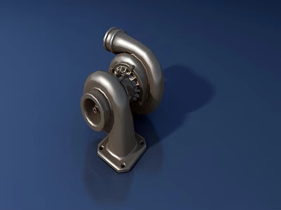 Detailed Metallic Turbocharger with Pipe and Blade Structure on Blue Surface 3d model