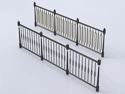 Black And Gold Ornate Metal Railings With Vertical Spindles And Decorative Posts 3d model