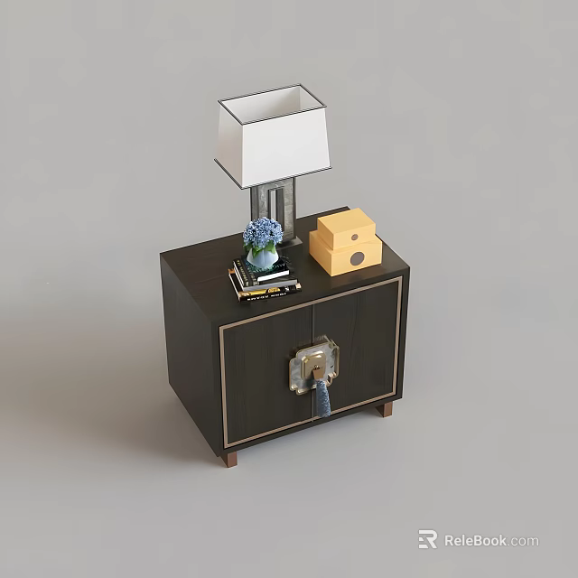 Stylish Dark Wood Nightstand With White Lamp Blue Flowers And Yellow Decor 3d model 