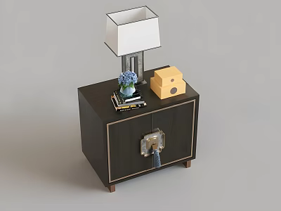 Stylish Dark Wood Nightstand With White Lamp Blue Flowers And Yellow Decor 3d model