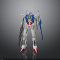 White Blue Red Mecha Robot Character With Shield And Sword Standing On Reflective Gray Background