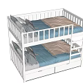 White Wooden Bunk Bed With Blue Mattress And Storage Drawers