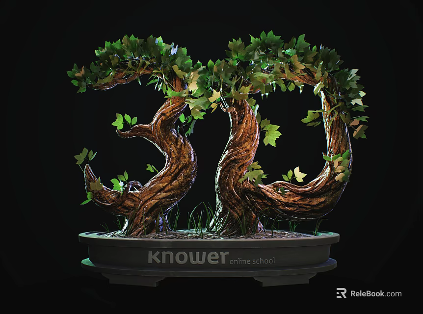 Unique Bonsai Tree With Twisted Trunks Lush Green Leaves In Round Pot Featuring Knower Text 3d model 